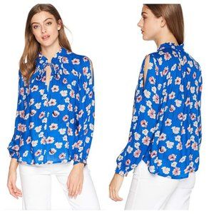 Lucky Brand Umi Floral Peasant Smocked Cold Shoulder Blouse Blue Pink M